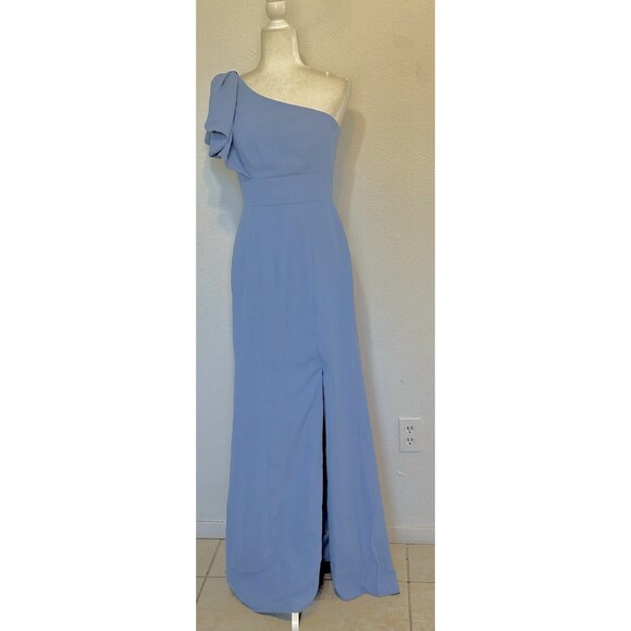 NWT AFTER SIX Size 2 Bowed One-Shoulder Crepe Trumpet Gown In Larkspur Blue - Picture 2 of 13
